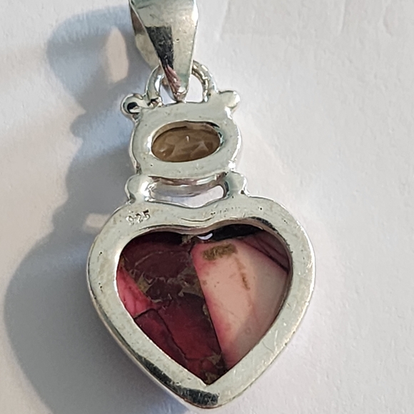 Sterling Silver Heart Pendant with Red and Pink Mookaite Jasper Yellow Citrine - Picture 4 of 5